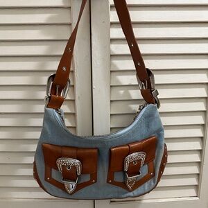 Light Blue and Brown Shoulder Bag with Decorative Buckles